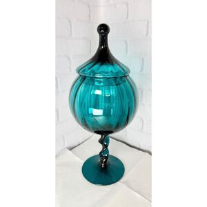 Vintage Empoli Glass Teal Peacock Blue Circus Tent Apothecary Jar